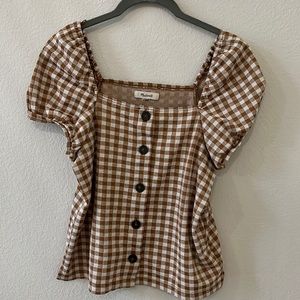 Madewell Gingham Jacquard Square Neck Puff Sleeve Button Front Size Small